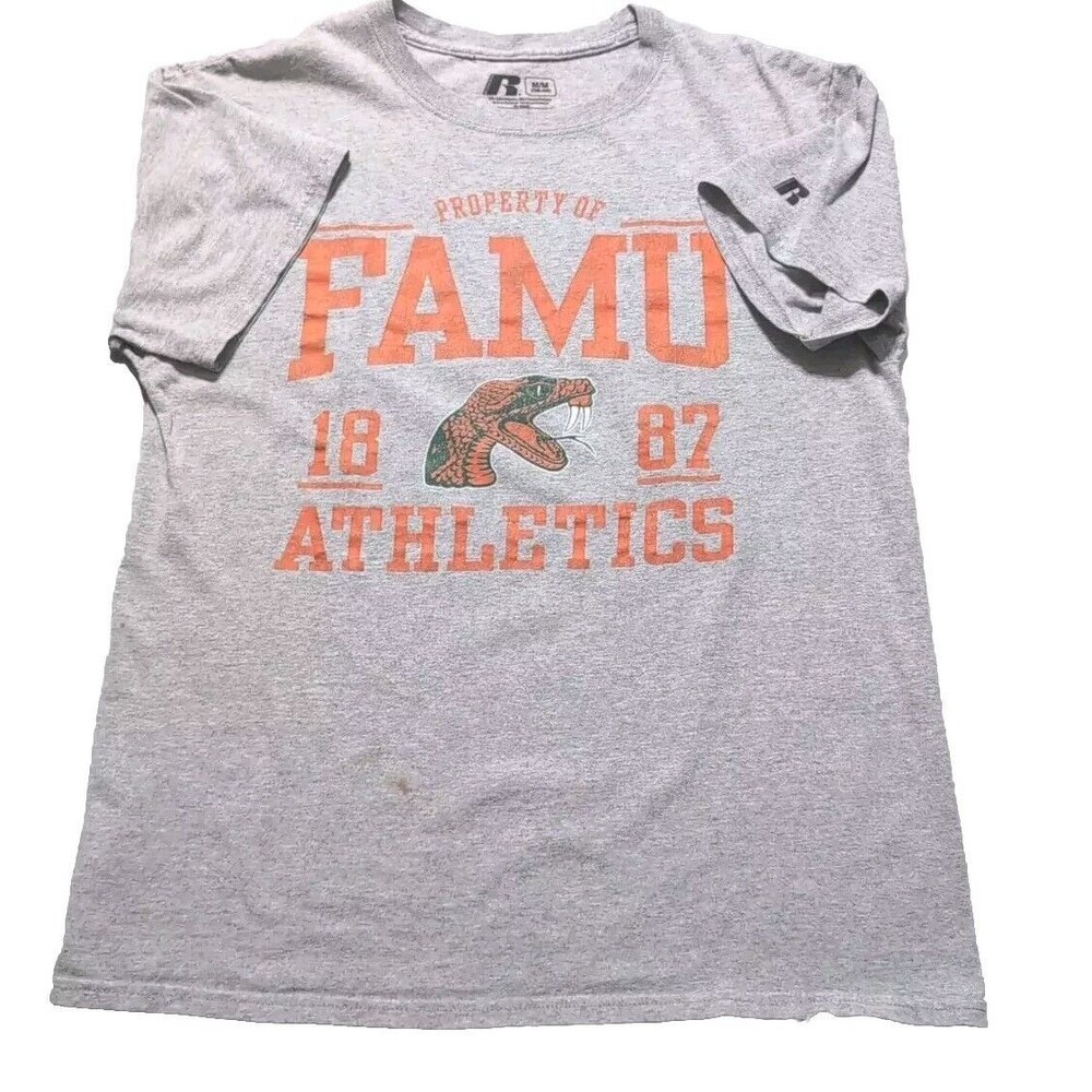FAMU Rattlers Shirt Men Medium Russell Grey HBCU Florida Russell Small Stain
